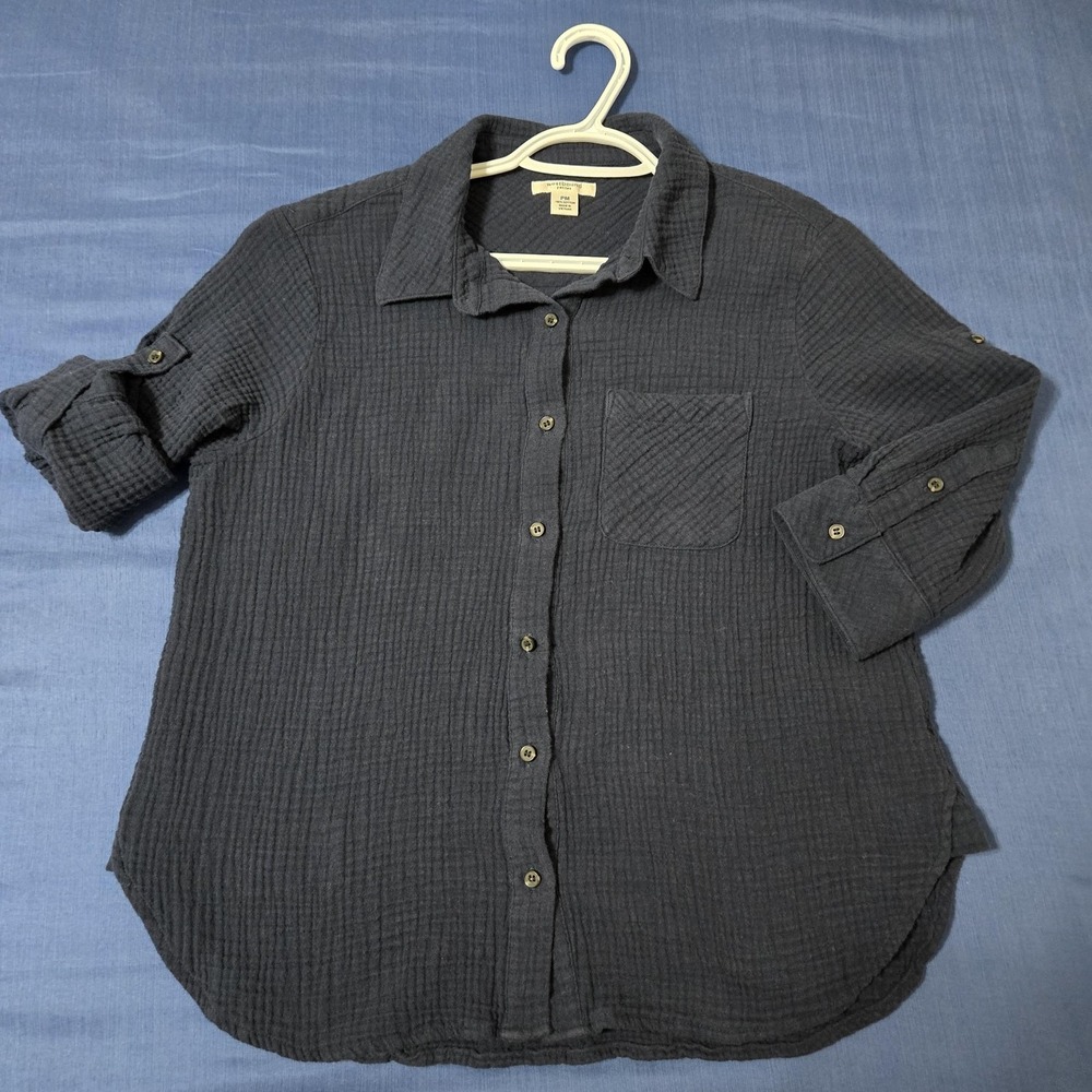Westbound Shirt Womens Petite M Blue 100% Cotton Button Front Roll Tab Tunic Top